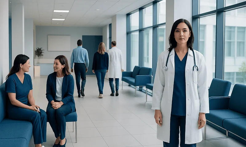 Healthcare professionals and a doctor in a modern hospital corridor.