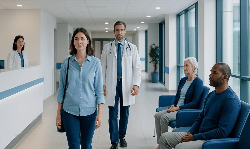 Medical staff and patients in a hospital corridor with large windows.