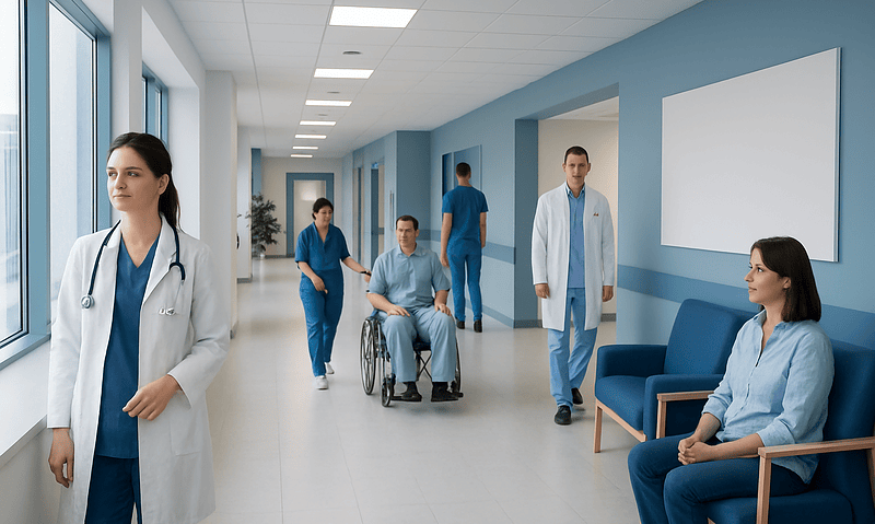 Healthcare professionals and patients in a modern hospital corridor.