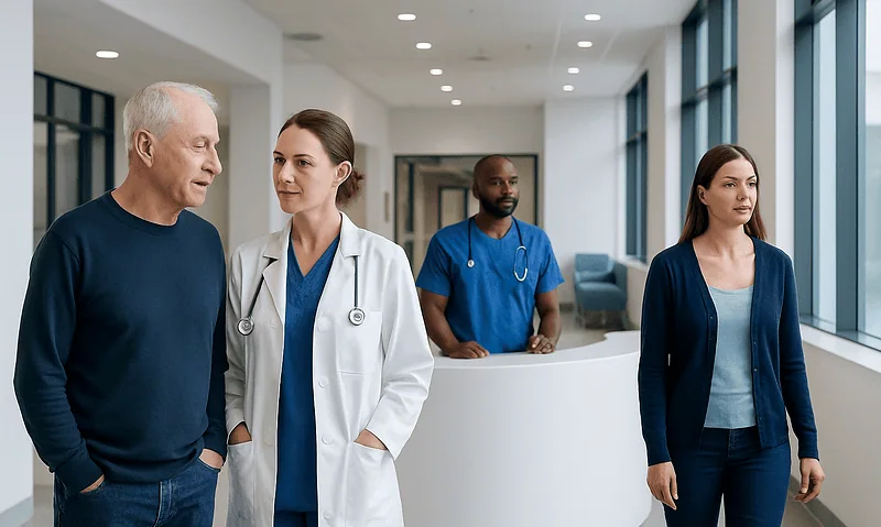 Medical team discussing patient care in hospital corridor.