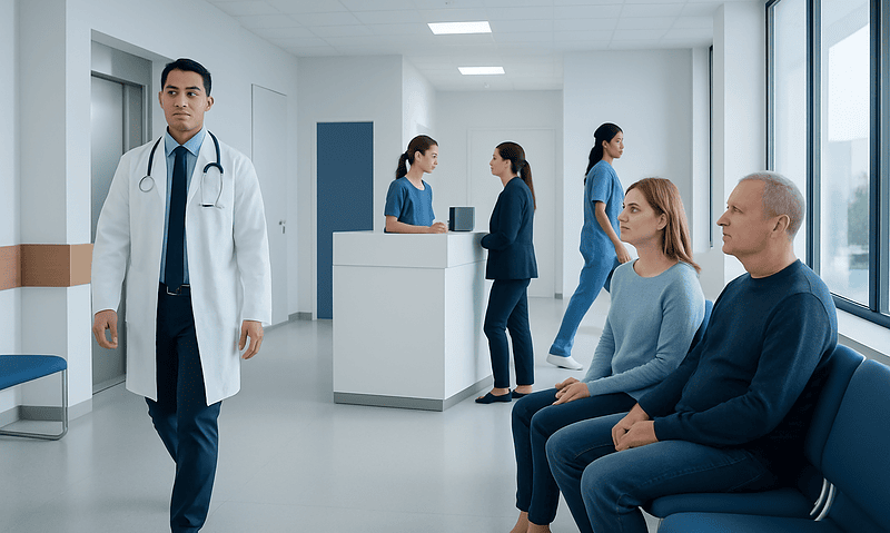 Hospital corridor with medical staff and patients waiting and walking.