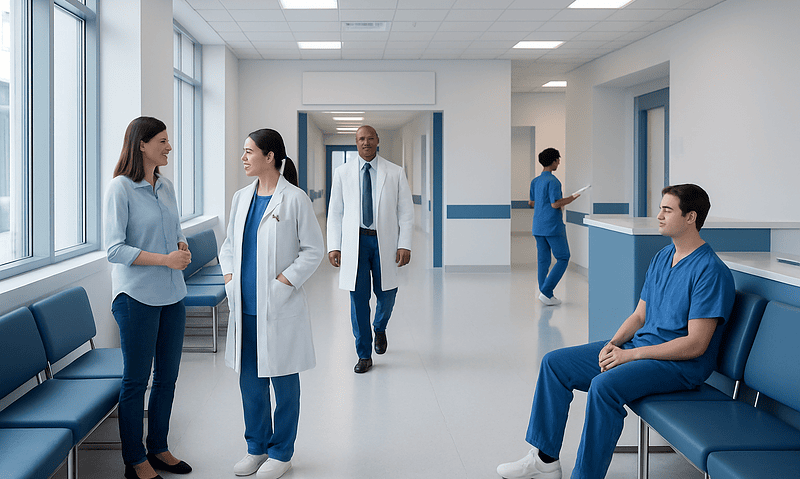 Medical staff and patient in a modern hospital corridor.