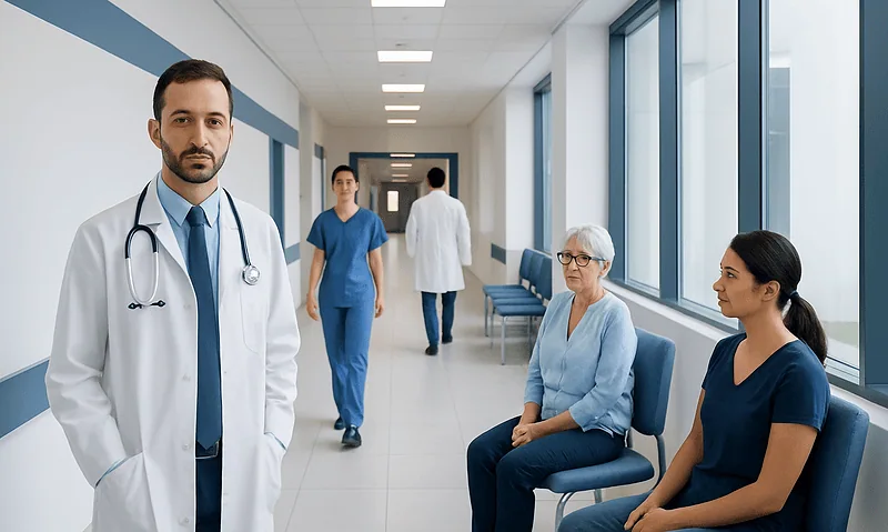 Medical professionals and patients in a hospital corridor at Acibadem Hospitals Group.