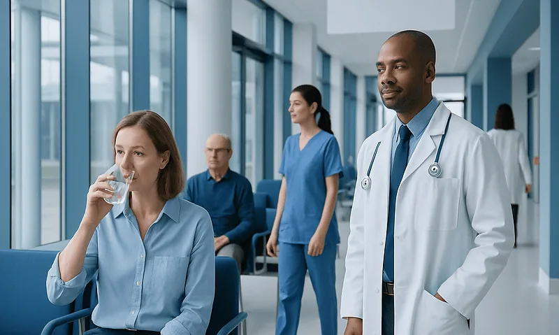 Medical professionals and patient in a hospital waiting area.