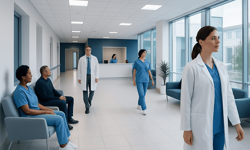 Healthcare professionals and patients in a modern hospital corridor.