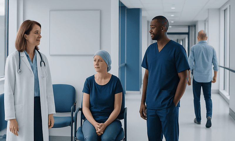 Medical team discussing patient care in hospital corridor.