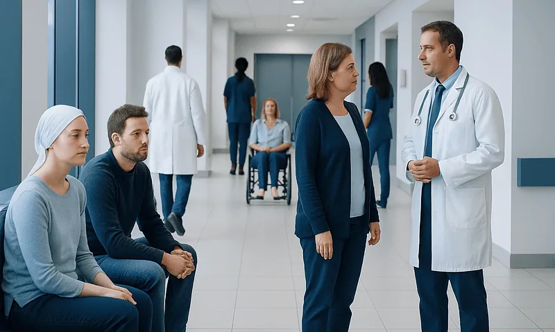 Doctors and patients in a hospital corridor discussing health issues.