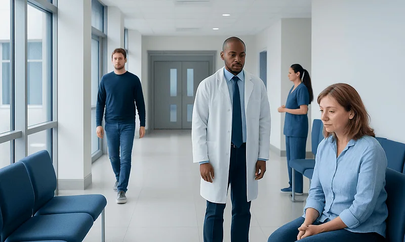 Medical professionals and patient in hospital corridor.