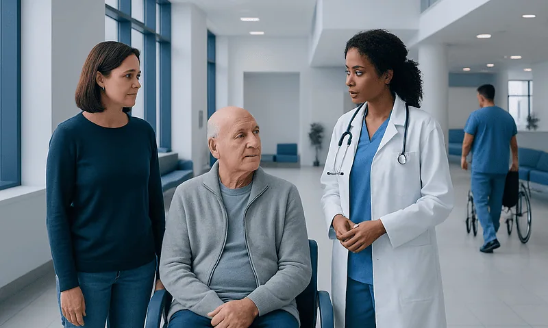Doctor consulting with a patient and visitor in a hospital corridor.