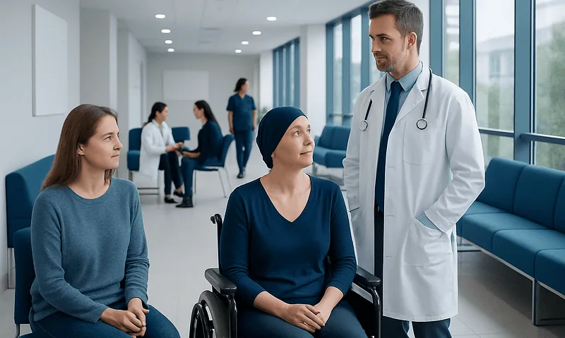 Doctor consulting with female patient in hospital corridor.