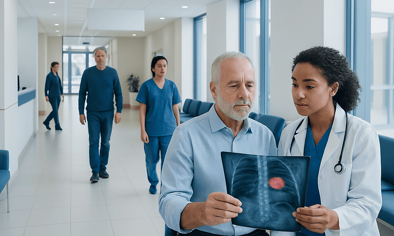 Doctor reviewing spinal tumor scan with patient in hospital corridor.