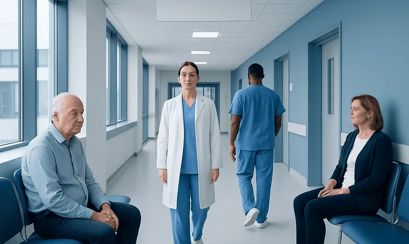 Medical staff and patients in a hospital corridor at Acibadem Hospitals Group.