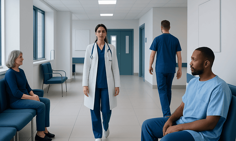 Healthcare professionals and patients in a hospital corridor.