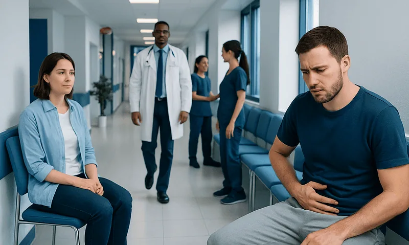 Male patient experiencing abdominal pain in a hospital corridor.