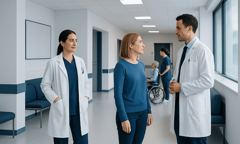 Doctor talking to patient in hospital corridor with medical staff nearby.