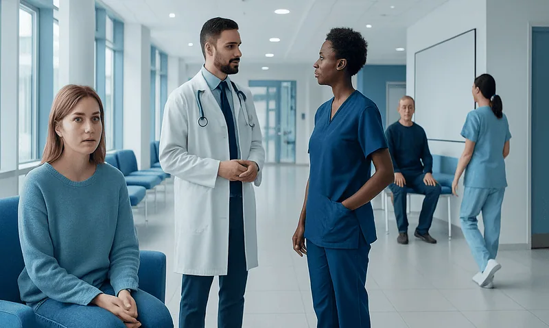 Medical team discussing patient care in hospital corridor.