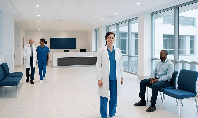 Healthcare professionals in a modern hospital waiting area with large windows.