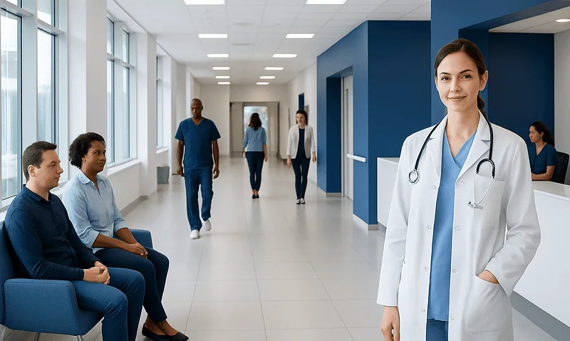 Healthcare professionals and patients in a modern hospital corridor.
