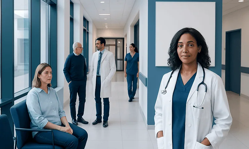 Healthcare professionals and patient in a modern hospital corridor.