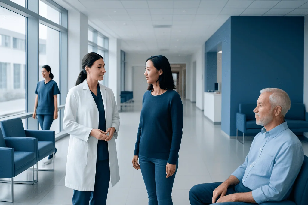 Canthoplasty: How It Works, Recovery, and What to Expect 1 Doctor consulting with a patient in a modern hospital corridor.