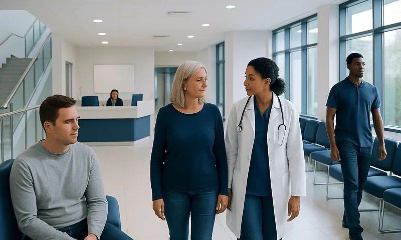 Medical consultation in a modern hospital waiting area with healthcare professionals and patients.