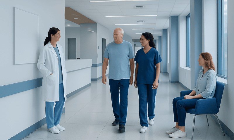 Medical staff and patient in hospital corridor at Acibadem Hospitals Group.