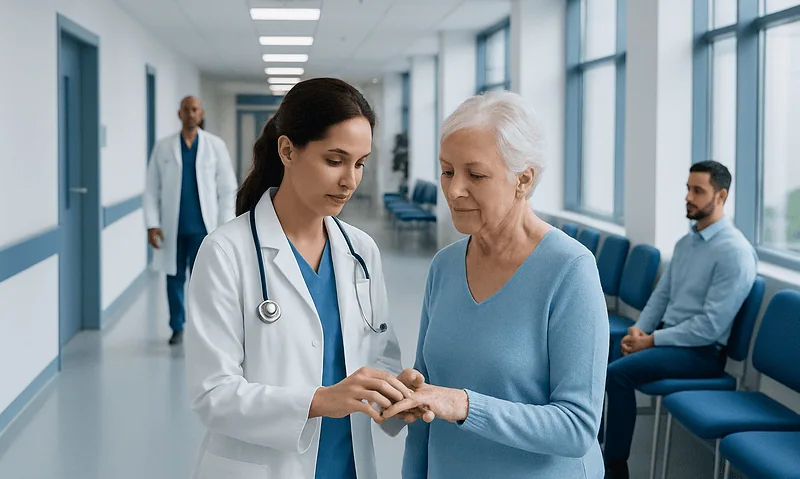 Doctor checking elderly patient's hand in hospital corridor.