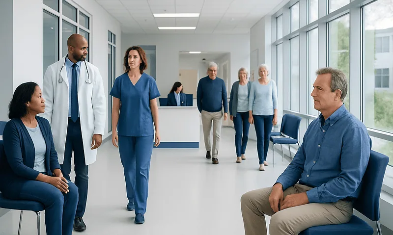 Patients and healthcare professionals in a hospital corridor.