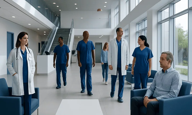 Medical team and patient in modern hospital lobby with large windows.