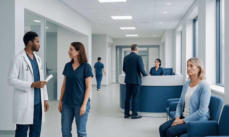 Healthcare professionals and patients in a modern hospital corridor.