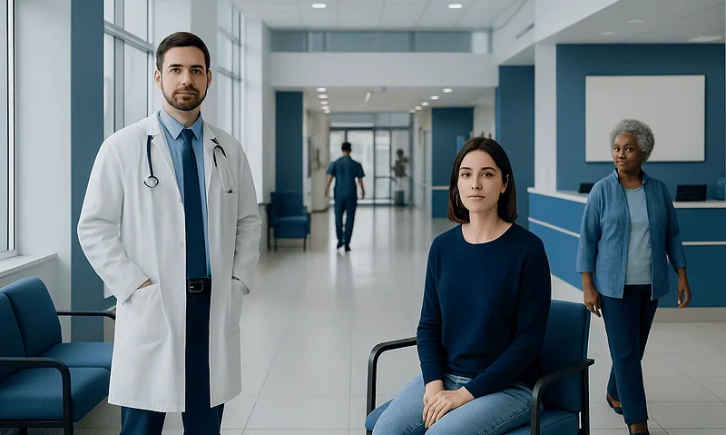 Medical staff and patients in a modern hospital corridor.