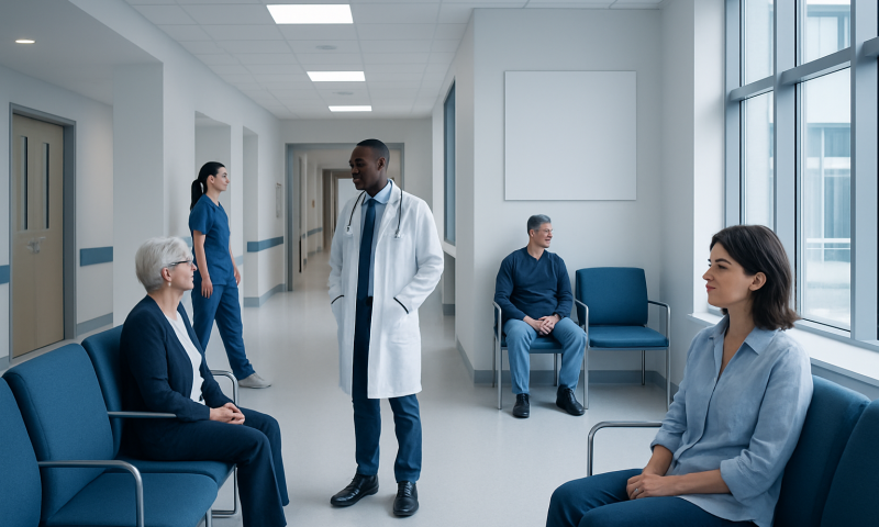 Medical consultation in a hospital corridor with doctors and patients.
