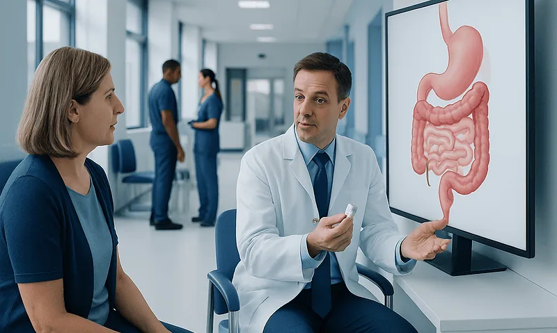 Doctor explains digestive system to patient in hospital corridor.