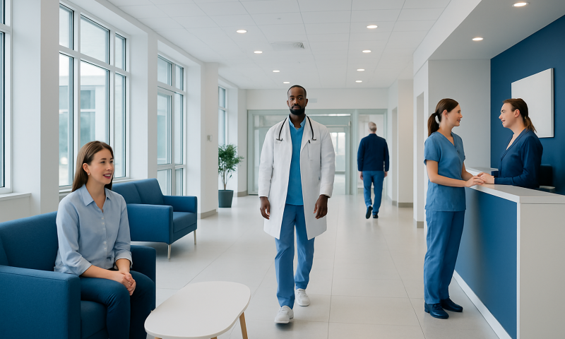 Modern hospital reception area with medical staff and patient seating.