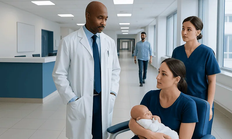Doctor and nurses with a newborn in hospital corridor.