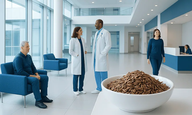 Hospital waiting area with doctors and a large bowl of caraway seeds.