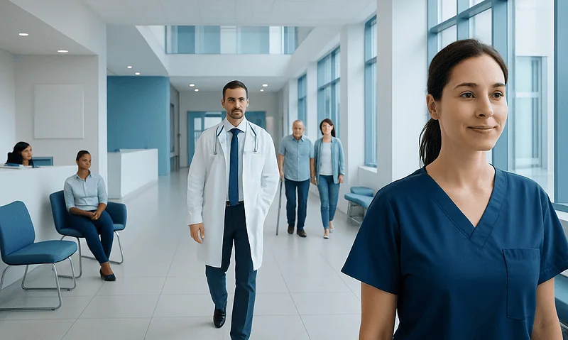 Healthcare professionals in a modern hospital corridor with large windows.
