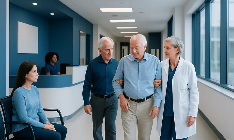Elderly patient walking with medical staff in hospital corridor.