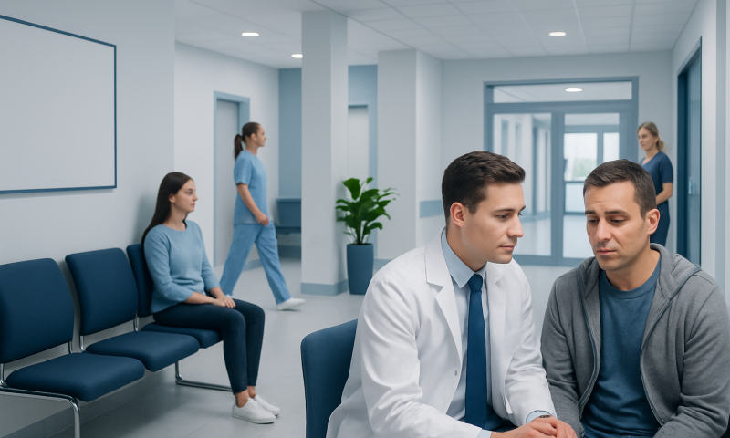 Carbon Monoxide Poisoning: An Evidence-Based Guide for Patients 3 Doctor consulting with patient in hospital waiting area.