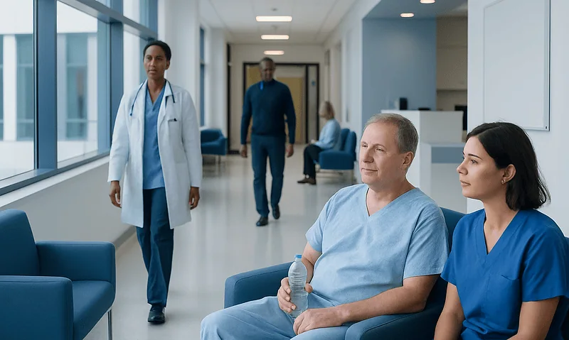 Patients and healthcare professionals in a hospital corridor.
