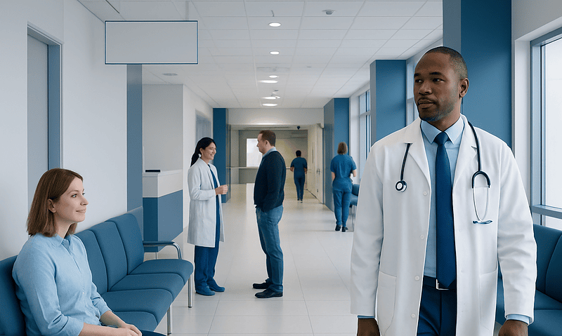 Medical staff and patient in hospital corridor at Acibadem Hospitals Group.