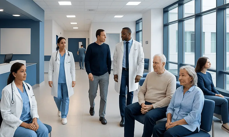 Hospital corridor with doctors and patients in a modern healthcare facility.