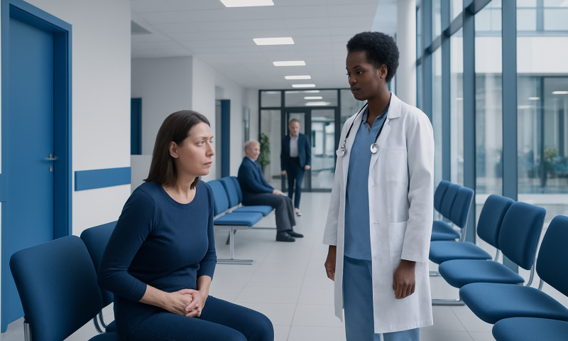 Doctor consulting a patient in a hospital corridor.
