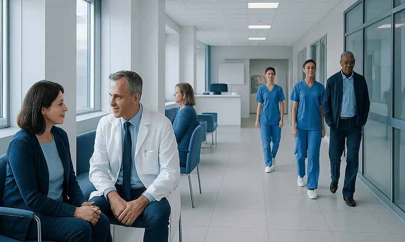 Medical consultation in a hospital corridor with healthcare professionals and patients.