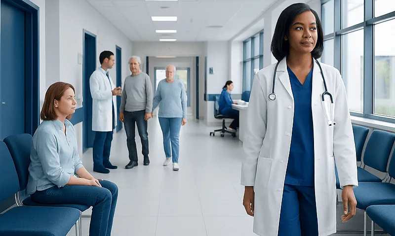Diverse medical team and patients in a modern hospital corridor.