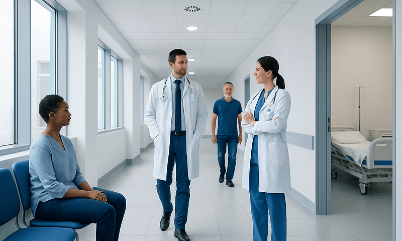 Medical team discussing patient care in hospital corridor.