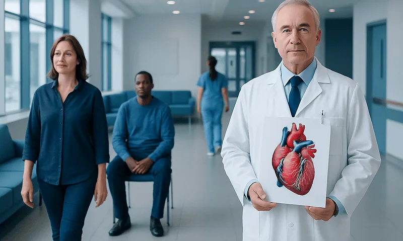 Cardiologist holding heart diagram in hospital corridor with medical staff.
