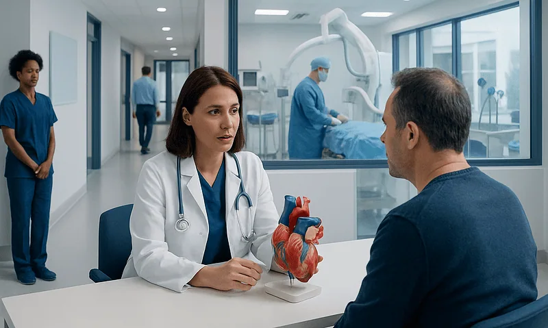 Doctor explains heart model to patient in hospital consultation room.