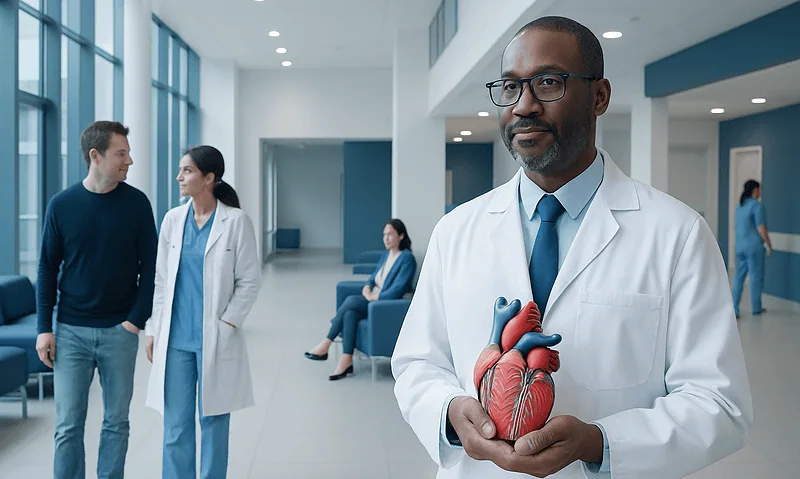 Doctor holding a heart model in a hospital corridor with patients and staff.