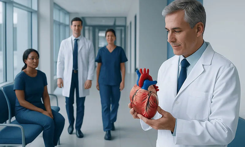 Doctor holding a heart model in a hospital corridor with medical staff.